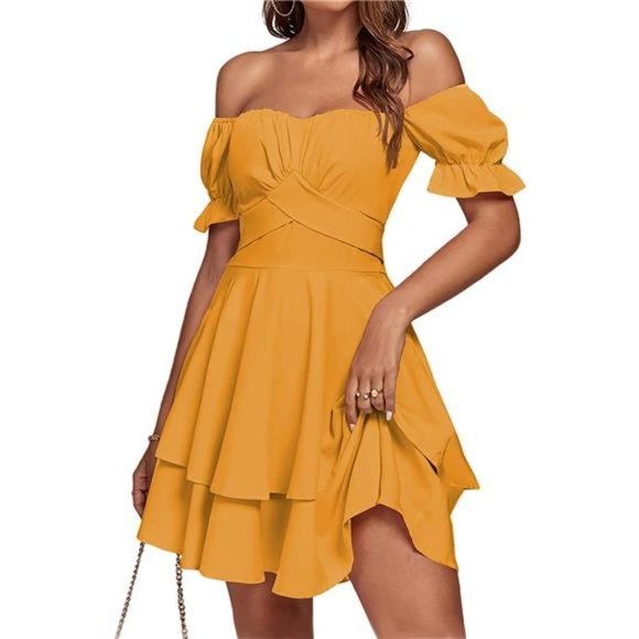 Dresses & Skirts - Women's Tie Back Wrap Layer Dress, Yellow